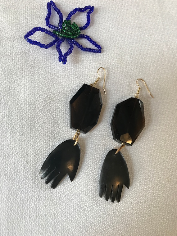 Designer Earrings, Carved Black Horn Hands with Smokey Topaz Crystal Gem Avante Garde Dangles by Gay Isber