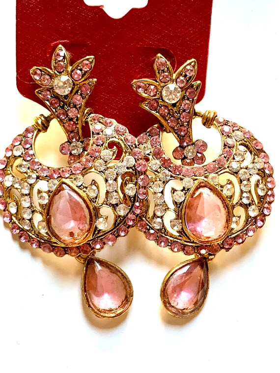 Pink 90s Glam Vogue Statement Earrings, Edwardian Revival Ornate Goldtone and Rhinestone Dome Hoop Teardrop Dangles on Original Card