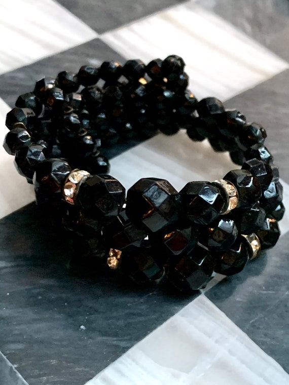 Jett Black Crystal Gem Bracelet, with Rhinestone Rondel Spacers, Elegant Stretch Beaded Cuff