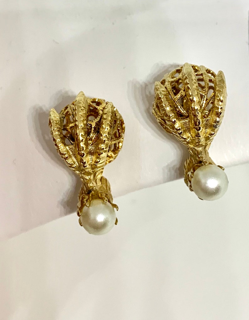Gothic Gargoyle Claw and Ball Pearl Statement Earrings Ornate Filigree Edwardian Victorian Regal Classic Clip ons