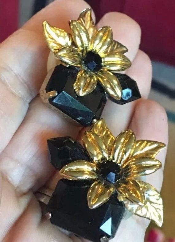 Vintage Glam 80s 90s Two SISTERS Goldtone Big Black Rhinestone Flower Statement EARRINGS