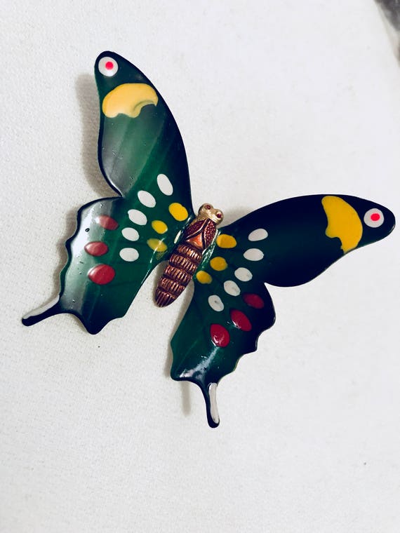 Korean Vintage Brass & Enamel Butterfly Brooch Be… - image 2