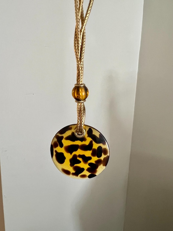 Luxurious Smooth Tortoise Disk Medallion Necklace on slinky braided snake double golden chains, Upscale 90s Glamour Jewelry, Swanky Vintage