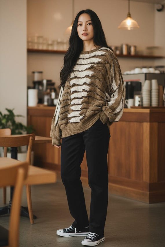 Vintage Mohair Dolman Sweater, Tan Taupe Cream, Golden Threads