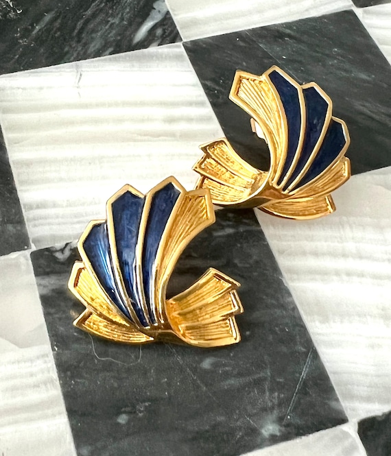 80s Art Deco Fan Statement Earrings, Blue Enamel on Goldtone, High End Power Dressing Vintage Costume Jewelry