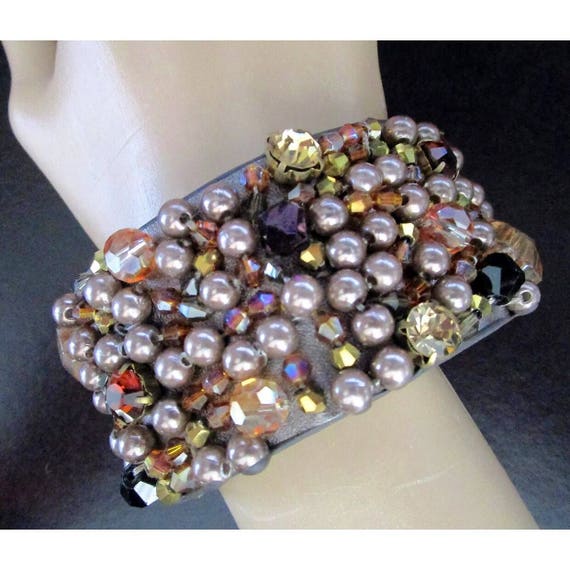 Pretty Mauve and Golden Champagne colored faux Pearls & Gems on a Brown Leather Cuff