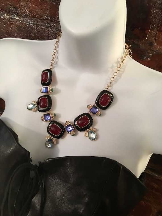 Vintage Art Deco Black Lacquer Style Statement Necklace with Clear Red  Blue & Ice Rhinestone Gems and goldtone Accents