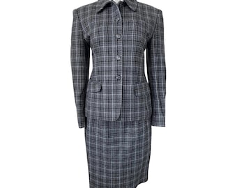 Gray Plaid Suit by Jones New York, Slim Cut Skirt and Jacket with Shoulder Pads, 80s Bladerunner Style Office Fashion, size 8