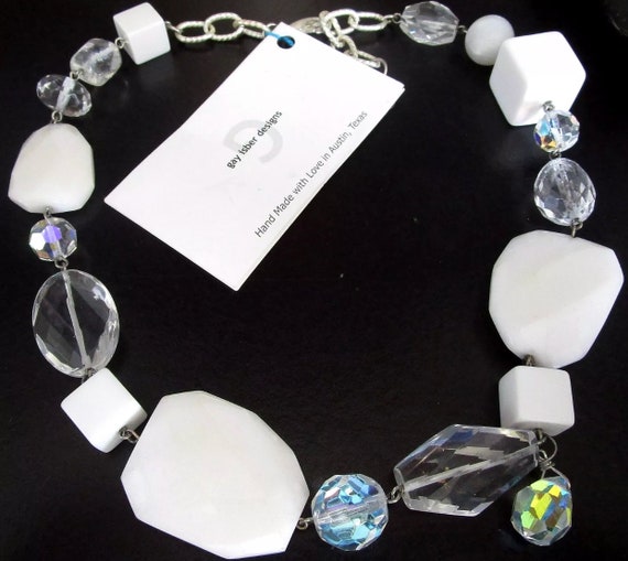 GAY ISBER Swarovski Crystal White Lucite Cube & Gems Beaded Custom Made Artistic Modern Statement Necklace