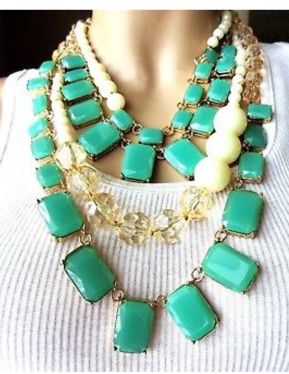 Glamorous KATE SPADE New York Signed Celadon Green Resin & Creamy Faux Pearl Runway Statement Necklace