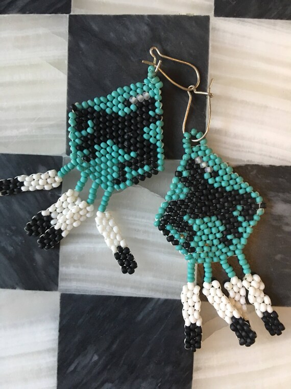 Amazing Boho Vintage 70's Western Southwestern Tribal Indigenous Style Seed Bead Earrings turquoise blue black & white