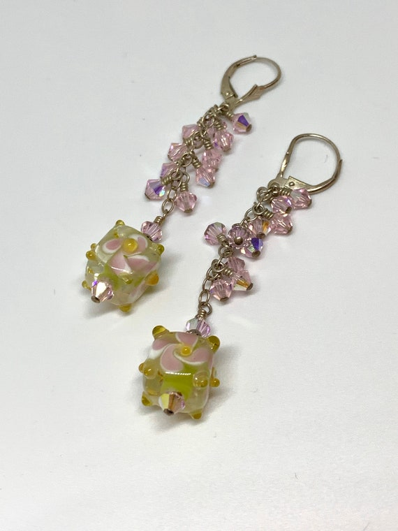 Venetian Murano Art Glass Earrings, Yellow & Pink Wedding Cake Roses, Swings Dangles with Crystal beads