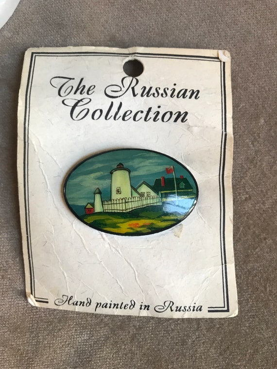 Russian Fedeskino Lighthouse Brooch,  Hand Painted Unisex Lapel Pin