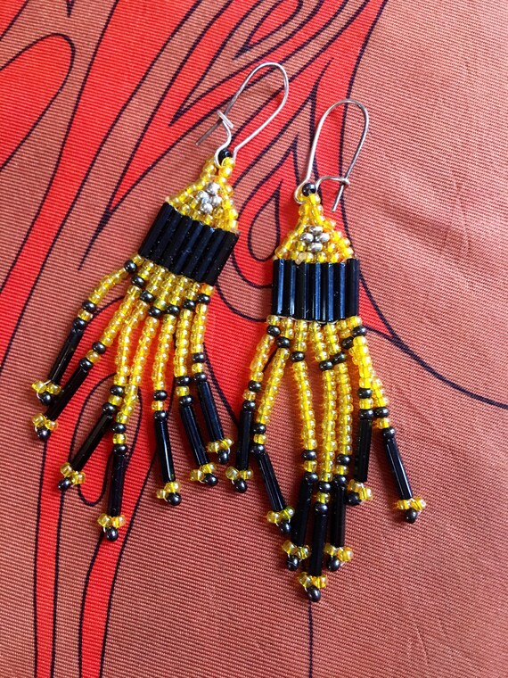 Iridescent Golden Rod Yellow & Black Western Style Seed Beaded Dangle Drop Earrings