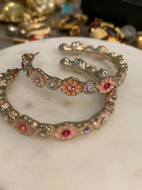 Dainty Floral Hoops, Large Pink Flower Hoop Earrings, enamel daisies with rhinestones, pretty in pink, vintage 80s 90s costume jewelry