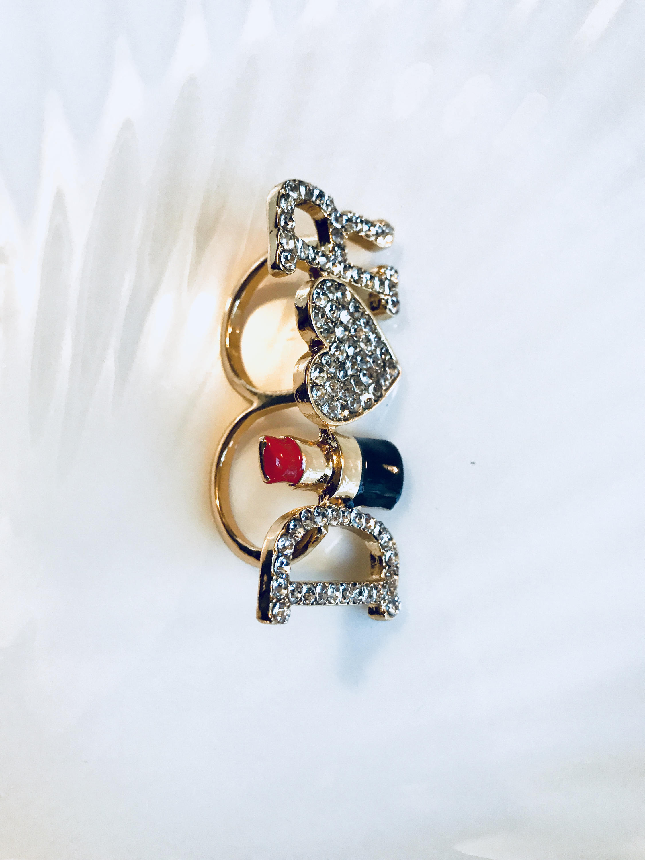 Rhinestone & Enamel Two Finger Dior Lipstick Glamour Promo Ring