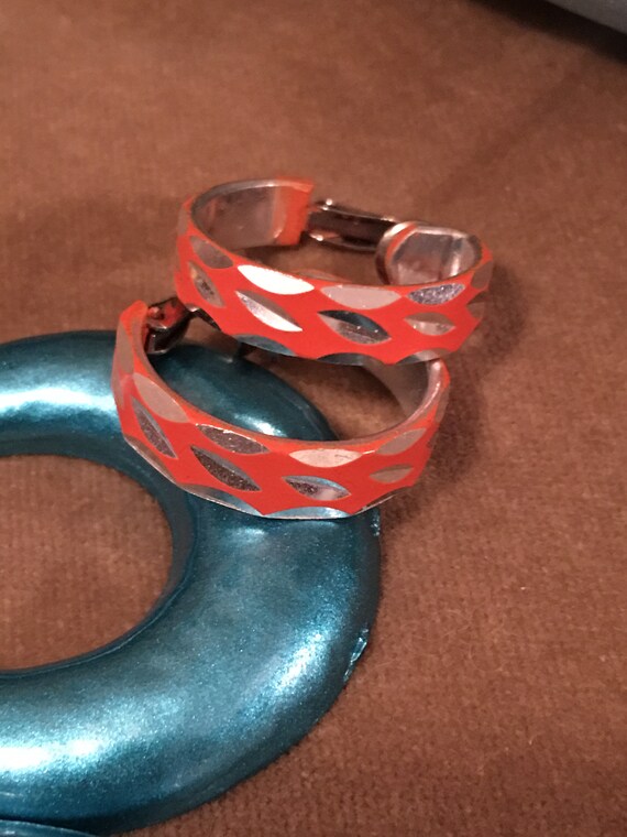 Orange Aluminum Modernist Clip on Hoop Earrings, … - image 2