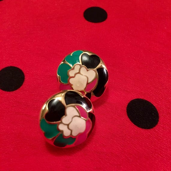 vintage cloisonné earrings, floral button posts