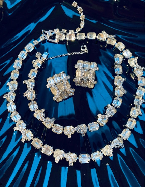 Estate Eisenberg Horseshoe Ice Rhinestone Jewelry Set, signed Choker Necklace Bracelet & Statement Earrings, New Years Eve Date Night Bling