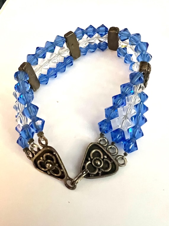 Vintage Cobalt Blue Crystal Bracelet, Triple Strand, Art Nouveau Clasp