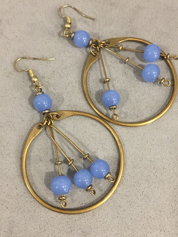 Periwinkle fringy Beaded Hoops, Brassy Golden Boho