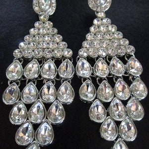 80s 90s Glam Huge Ice Glass Rhinestone Statement Earrings, Art Deco Showgirl Style Big Bold Bling, Glamour Wedding, Pageant Jewelry