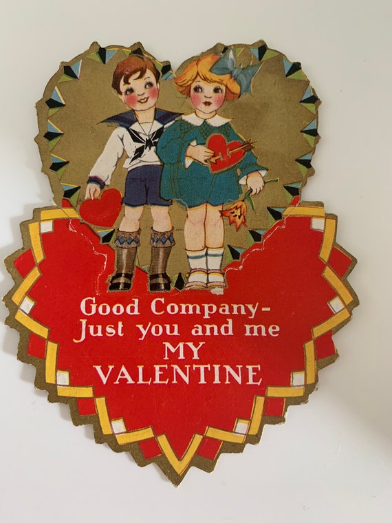 Antique 1930s Valentine, Vintage Valentines Day Card, Holiday Deco, First Love, Just you And me, scrapbook