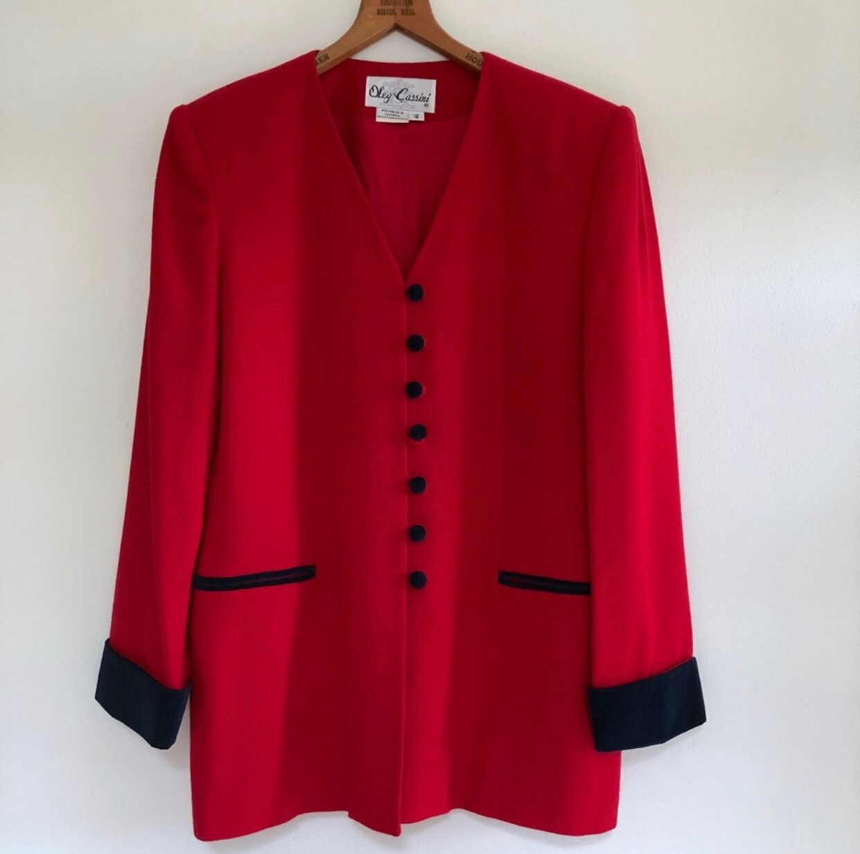 Oleg Cassini Red Skirt Suit with Black Velvet Cuffs, Glamorous Wool ...