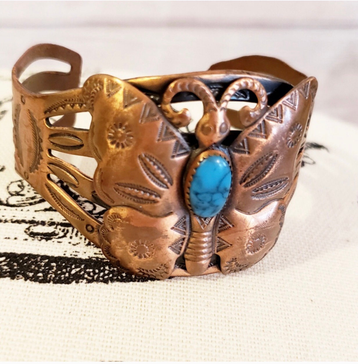 Vintage Cooper & Turquoise Butterfly Cuff Bracelet Signed