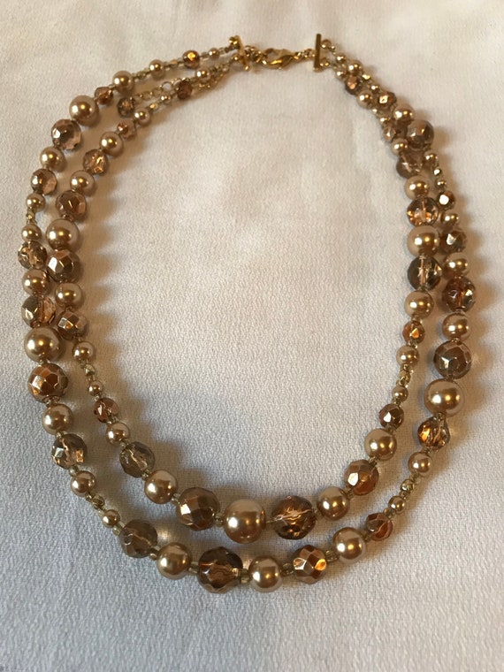 Vintage Double Strand Necklace of Golden Crystals and Pearls, Movie Star Glamour Jewelry,  Classic Cocktail Jewelry, Prom Perfect Preppy