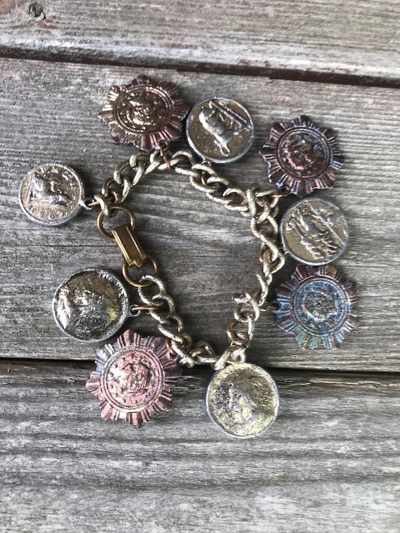 Mid Century Brutalist Distressed Faux Historic Heraldic Maltese Coin Trinket Vintage Charm Bracelet
