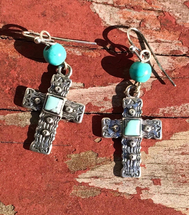 Southwestern Style Silver Tone with Blue Green beaded Embossed Cross Dangle Earrings