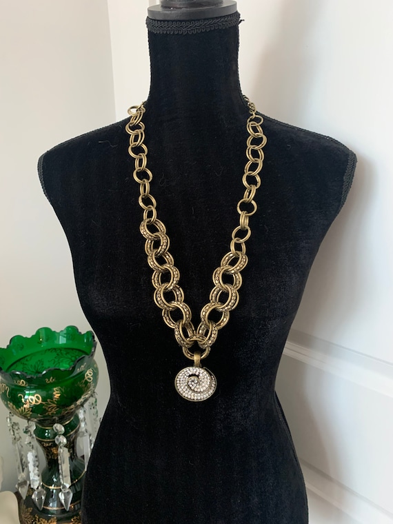 Chunky Chain 90s Glam Bronzy Statement Necklace or Bling Belt with Modernist Swirl Rhinestone Medallion, Dramatic Fancy Costume Jewelry