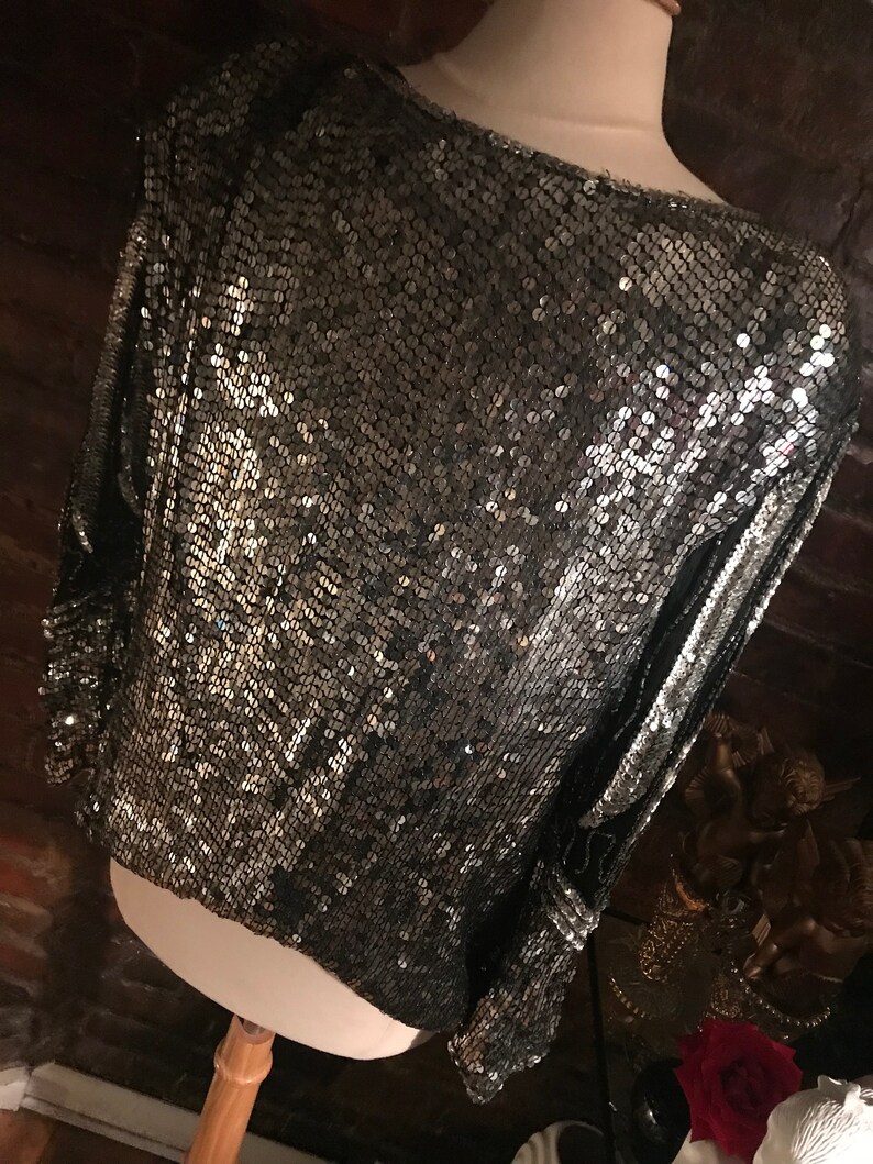 fun Party Top AS IS 90s still great Sequin Top Blouse lots of wear still Some minor Bead Loss Blacks and Silvers needs a bit of TLC