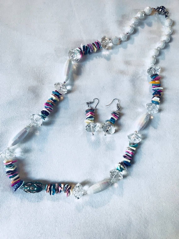 Colorful Lucite Acrylic and Plastic Beaded Abstract Modern Clear White & Rainbow Funky Necklace and Earring Set