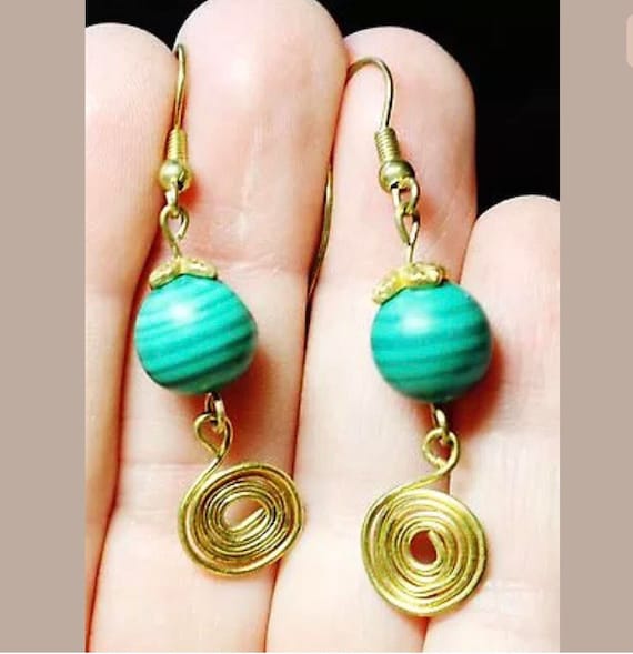 Malachite Gemstone with Goldtone Swirls Drop & Dangle Earrings