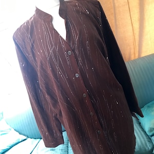 Vintage Erin London ultra suede long shirt, brown with silver Splatter 80s New Wave Oversized Blouse, Zoom Party Outfit image 1