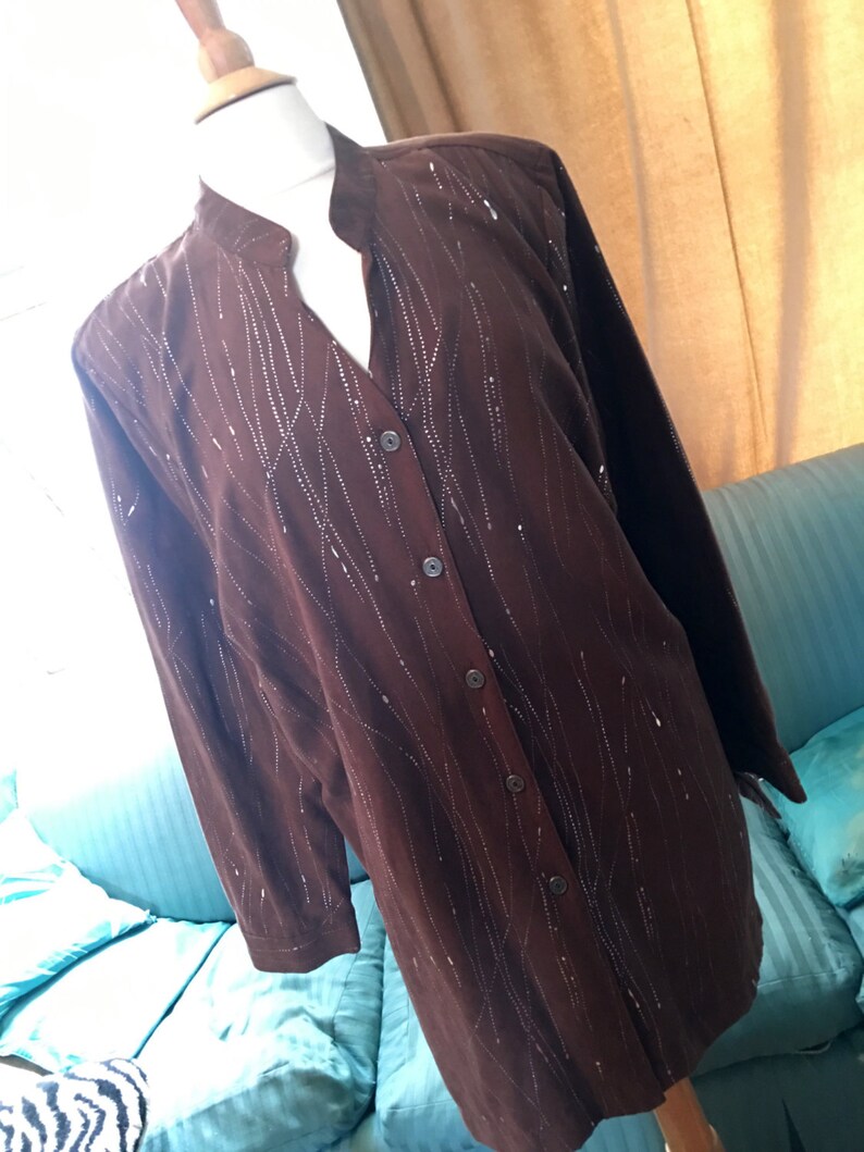 Vintage Erin London ultra suede long shirt, brown with silver Splatter 80s New Wave Oversized Blouse, Zoom Party Outfit image 1