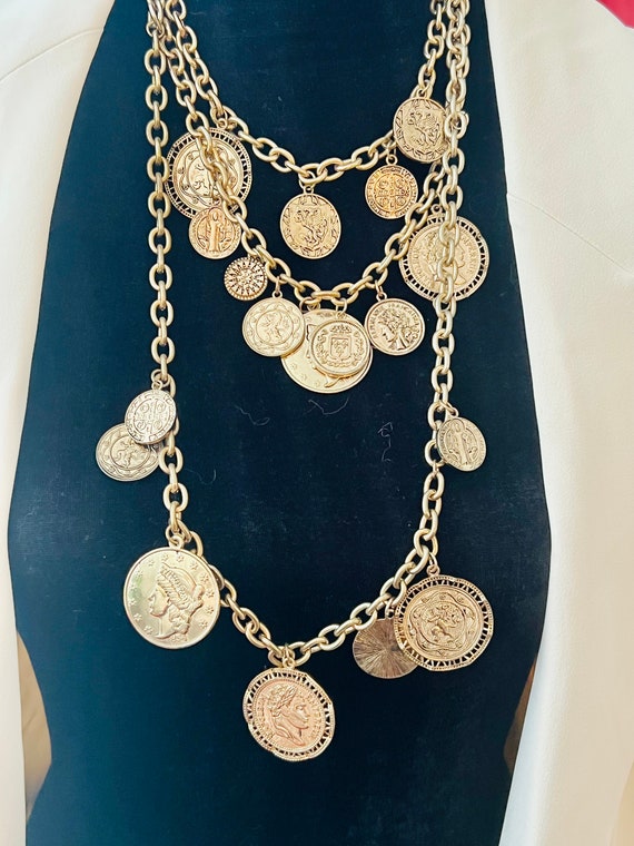 Oversized Vintage Designer Fashion- 2 necklace set- Three Row Draping Greco Roman Warrior Gladiator Coin Medallions Big Bold Bling Necklaces