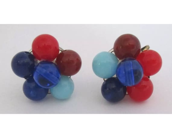 Vintage Multi Color Beaded Earrings, Post War Plastic Mid Century Cluster Bead Clip ons