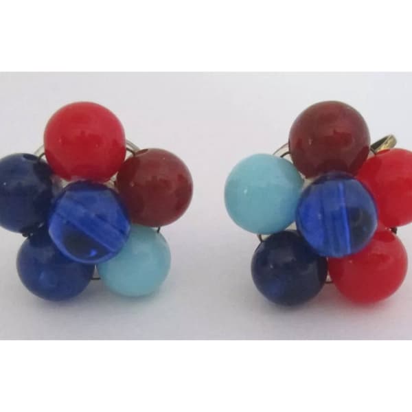 Vintage Multi Color Beaded Earrings, Post War Plastic Mid Century Cluster Bead Clip ons