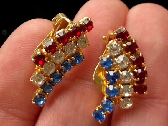 American 1960s Vintage Red White & Blue Rhinestone Clip on Earrings, USA Flag colors