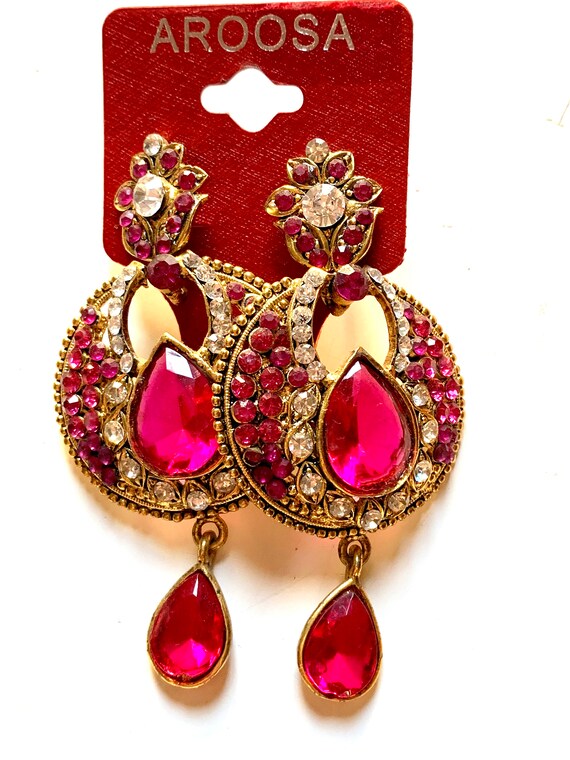 Hot Pink 90s Glam Vogue Statement Earrings, Edwardian Revival Ornate Goldtone and Rhinestone Dome Hoop Teardrop Dangles on Original Card