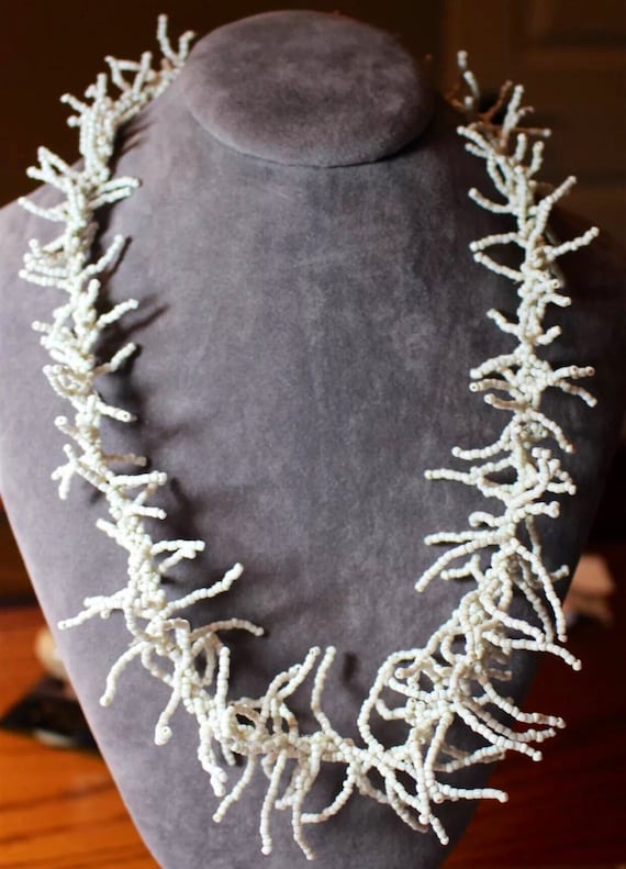 Fringy Southwestern White Beaded Necklace, Branches of Hand Strung Vintage Seed Beads,  Boho Gypsy Tribal Statement Necklace