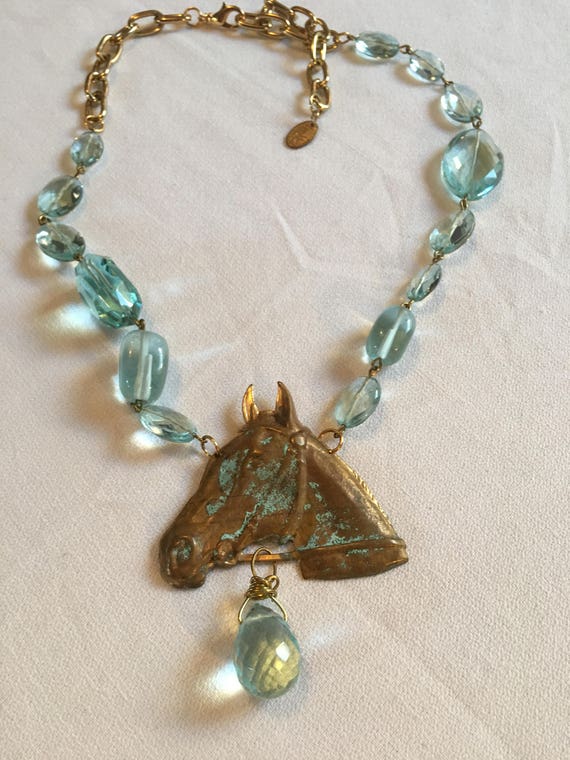 Dresigner Blue Topaz Crystal Brass Repouse Horse Head Custom Made Necklace ready for Horse Show Season & Red Carpet events! Signed Gay Isber