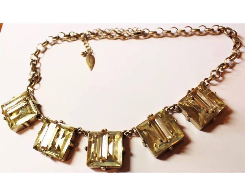 Large Champagne Emerald Cut Gem Choker Statement Necklace Signed Cold Water Creek