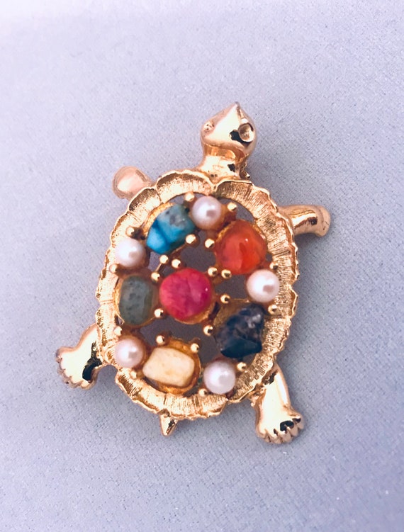 Vintage Sarah Cov Goldtone Turtle Pin, Rainbow Stone & Pearl Shell