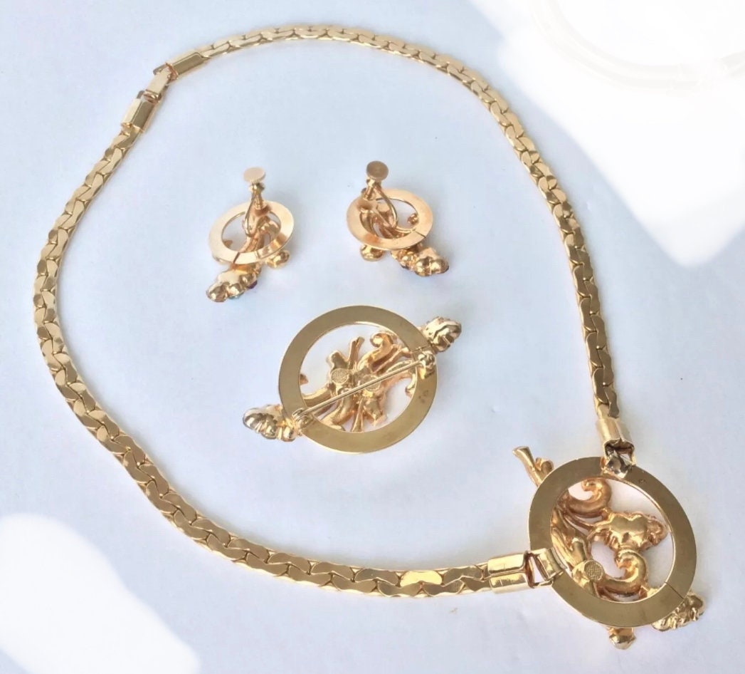 Vintage Oleg Cassini 3 piece Parure Necklace Brooch & Earrings, 40s 50s ...