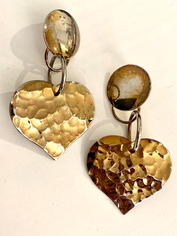 Oversized Hammered Goldtone Heart Dangles , Awesome 80s Big Bold Bling, Glamour Jewelry, Statement Earrings