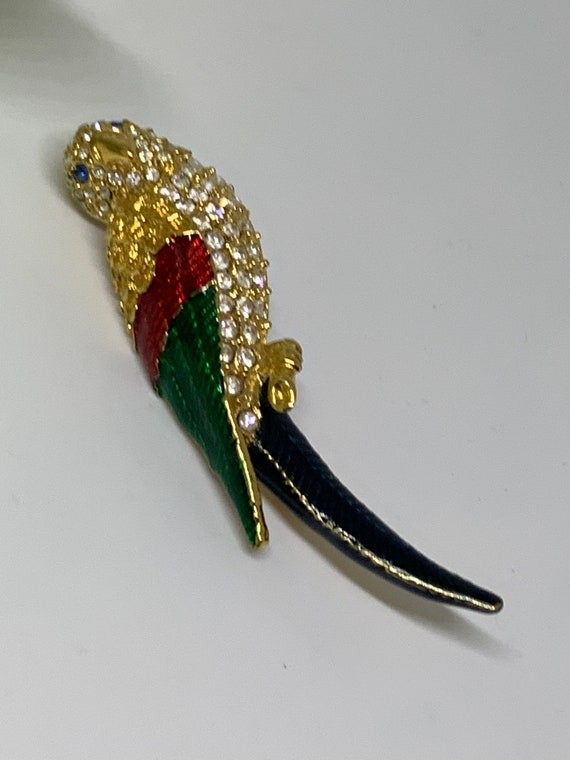 Vintage GIORGIO Rhinestone and Enamel Golden Parrot Brooch, Signed Designer Glamour Jewelry Lapel Pin